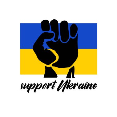 Beyaz arka planda el ve bayrak ile Ukrayna 'yı destekleyin. Vektör düz çizim. Pankart, poster, tebrik kartı, broşür için tasarım