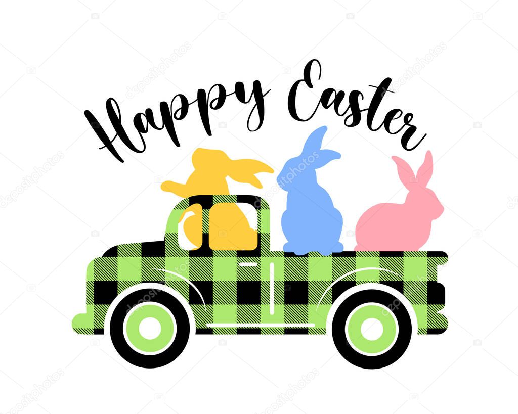 Happy Easter quote green black buffalo plaid truck with colorful bunnies isolated on white background. Vector flat illustration. Design for poster, greeting card