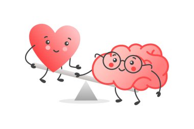 Sevimli kalp ve beyin arasındaki denge ölçüsü. Zihin ve uyum kavramı. Pankart, poster, kart için düz biçimli vektör illüstrasyonuName