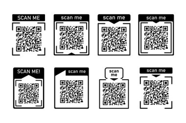 Beyaz arkaplanda izole edilmiş akıllı telefon için Qr kodlu simge çerçevesini bana ayarla. Ödeme, reklam, mobil uygulama vektör illüstrasyonu için QR kodu.