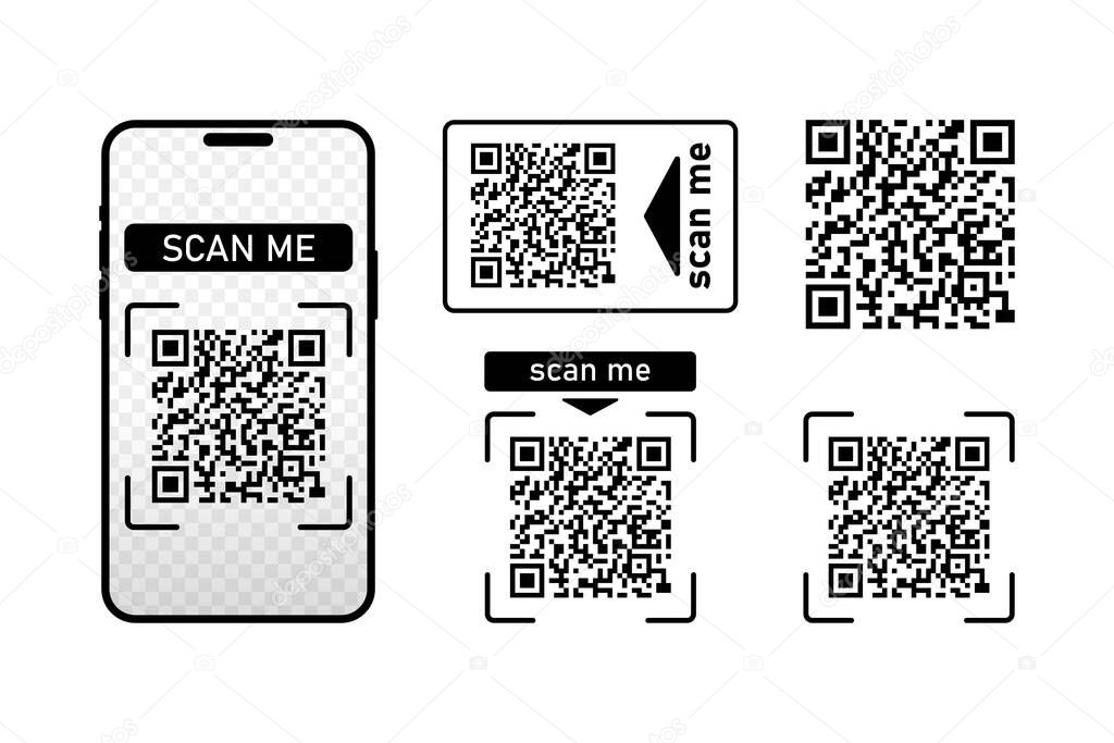 Set Scan me icons frame with Qr code and smartphone isolated on white background. Qr code for payment, advertising, mobile app vector illustration.