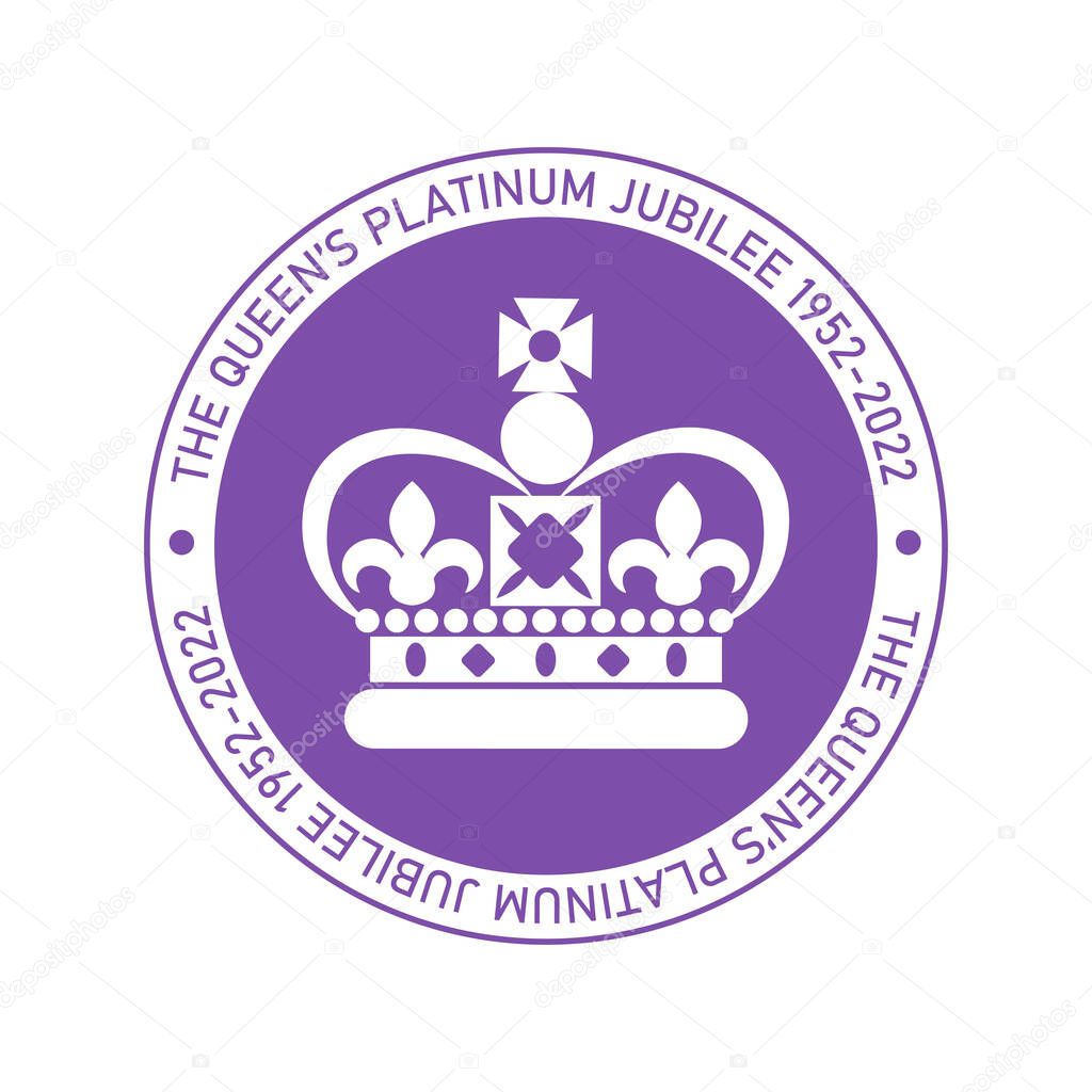 The Queen's Platinum Jubilee celebration sign crown in circle purple color. Vector flat illustration. Design for greeting  card, banner, flyer