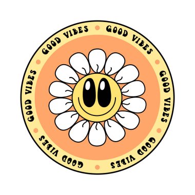 Gülücükler saçan papatya çiçekleri etiketli ve 70 'lerin tarzında beyaz arka planda iyi titreşimlerden alıntı yapıyor. Vektör karalama çizimi. Tişört, kart, el ilanı, afiş, broş için tasarım