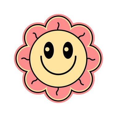 Havalı papatya çiçekleri 70 'lerin tarzında beyaz arka planda basılıyor. Vektör karalama çizimi. Tişört, kart, el ilanı, afiş için tasarım