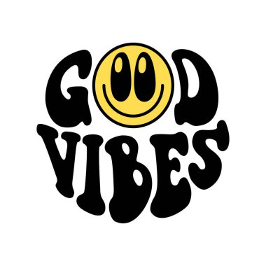 70 'lerin hippi retro tarzında Smiley' den bir alıntı. Etiket, poster, tişört ve afiş için harika bir tabir. Vektör sloganı: