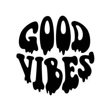 70 'lerin hippi tarzında iyi titreşimler. Etiket, poster, tişört ve afiş için harika bir tabir. Beyaz arkaplanda vektör illüstrasyonu