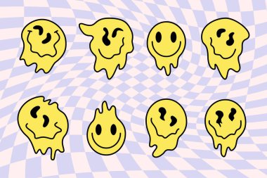 Set of distorted groovy melting   faces with smile on 70s retro style on optical background. Character funny psychedelic. Vector flat illustration. Dripping smile print.