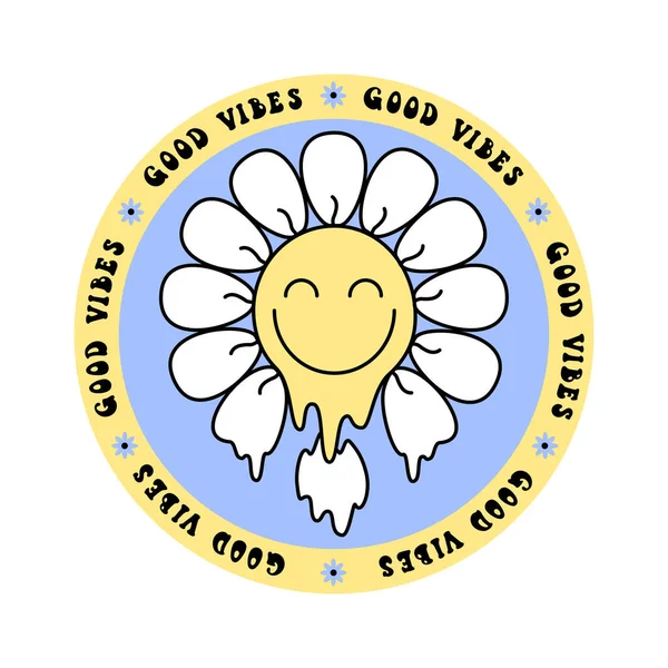 Groovy Malting Daisy Smiley Flowers Sticker 70S Style White Background —  Vetores de Stock