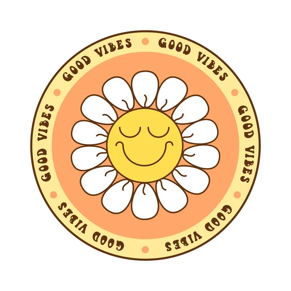 Retro Groovy Daisy Smile Flowers Sticker Quote Good Vibes 70S —  Vetores de Stock