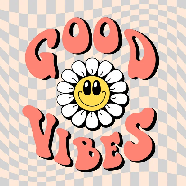 Groovy Daisy Smile Flowers Sticker Quote Good Vibes 70S Style —  Vetores de Stock