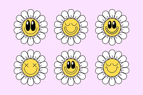 Set Groovy Daisy Smiley Flowers Print 70S Style Pink Background Gráficos vectoriales