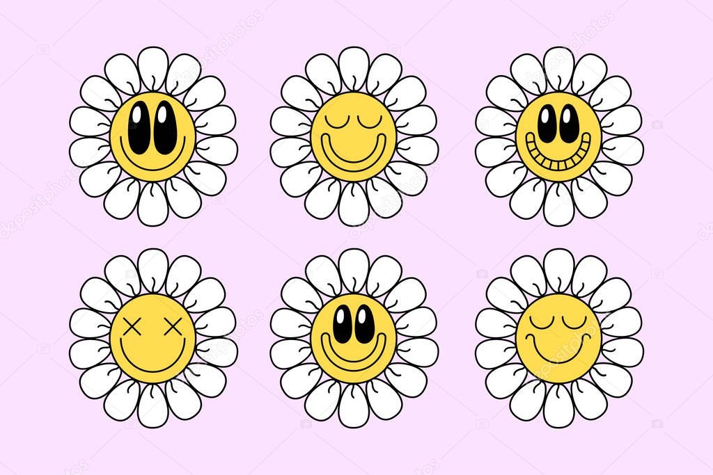 Set of groovy daisy smiley flowers print on 70s style on pink background. Vector doodle illustration. Design for t shirt, card, flyer, banner