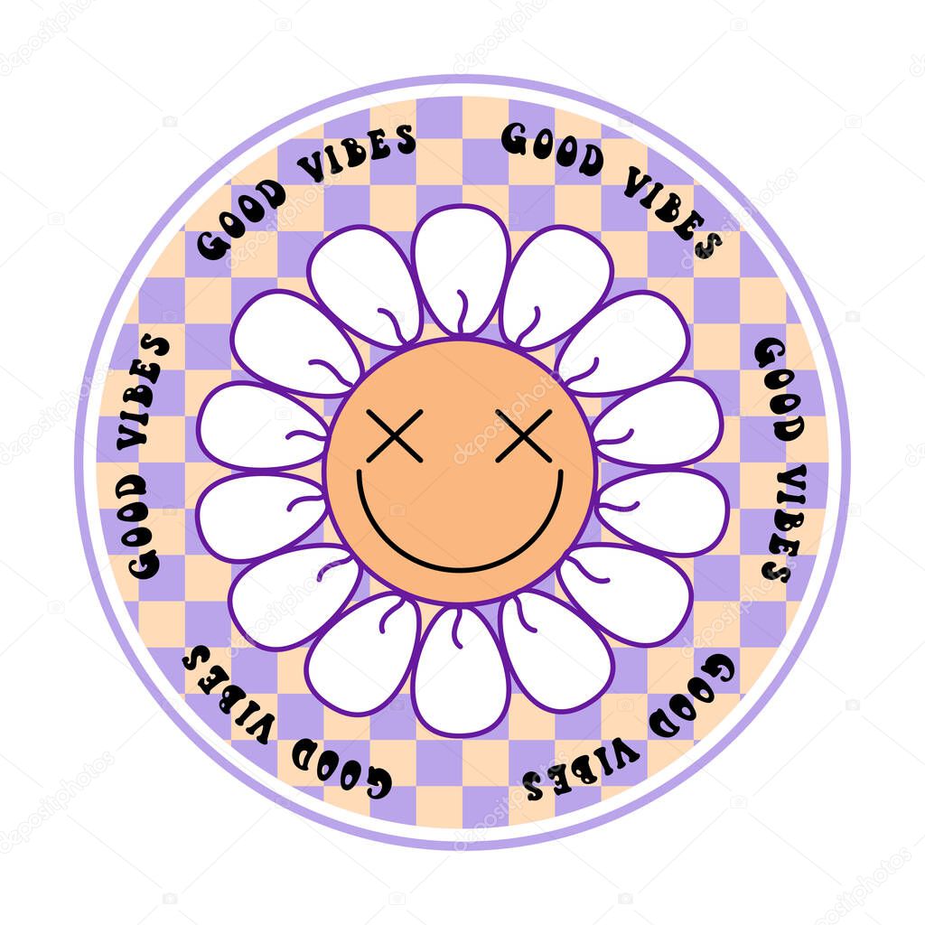 Retro groovy daisy with smile flowers sticker and quote good vibes on 70s style with checkered background. Vector doodle illustration. Design for t shirt, card, flyer, banner, pin