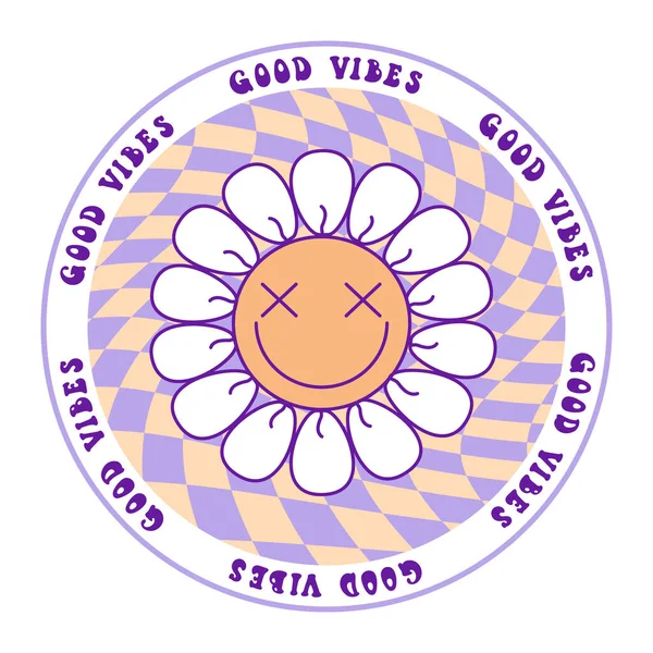 Retro Groovy Daisy Smile Flowers Sticker Quote Good Vibes 70S — Stock Vector