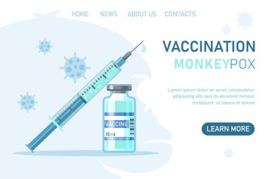 Monkeypox virus vaccination with vaccine bottle and syringe injection tool for immunization treatment. Monkeypox vaccine background.  Vector flat illustration. Design for landing page, web