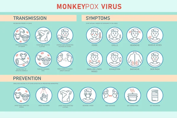 Monkeypox Virus Transmission Symptoms Prevention Infographics Icons Vector Flat Illustration —  Vetores de Stock