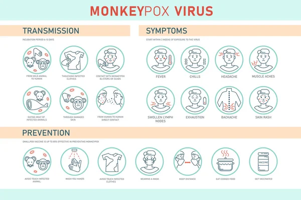 Monkeypox Virus Transmission Symptoms Prevention Infographics Icons Vector Flat Illustration —  Vetores de Stock