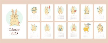 Monthly vertical wall calendar 2023 tamplate with cartoon cute rabbits. Symbol of the chinese New Year. Sunday start calendar. Set of 12 months with kawaii character animals. Cover A4 A3 A2 A5