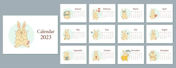 Monthly Horizontal Wall Calendar 2023 Tamplate Cartoon Cute Rabbits Symbol — ストックベクタ