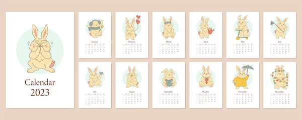 Щомісячний Календар Вертикальної Стіни 2023 Року Замаскований Карикатурою Милих Кроликів — стоковий вектор