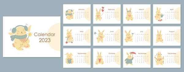 Monthly Horizontal Wall Calendar 2023 Tamplate Cartoon Cute Rabbits Symbol — ストックベクタ