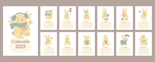 Monthly Vertical Wall Calendar 2023 Tamplate Cartoon Cute Rabbits Symbol — ストックベクタ