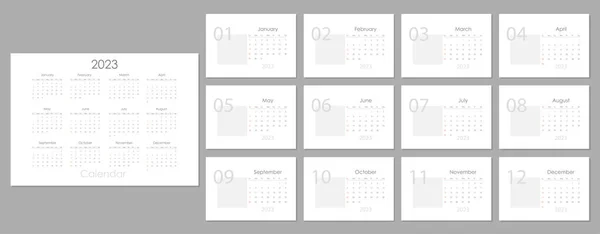 Monthly Horizontal Wall Calendar 2023 Design Tamplate Black Grey Red Vectores de stock libres de derechos
