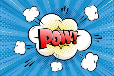 Bulut, ışın ve yarım ton efektli komik konuşma balonu mavi arka plan. Pop Art vektör karikatür çizimi. Çizgi roman, poster, afiş için tasarım