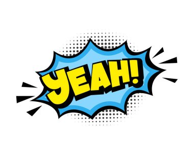 Evet, bulutlu, yıldızlı, ışınlı ve yarım ton efektli komik kelime balonu ikonu. Pop Art vektör karikatür çizimi. Çizgi roman, poster, afiş için tasarım