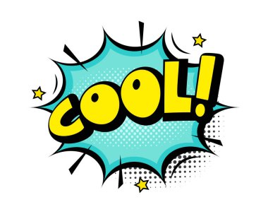 Bulut, yıldızlar, ışınlar ve yarım ton efektli havalı bir konuşma balonu ikonu. Pop Art vektör karikatür çizimi. Çizgi roman, poster, afiş için tasarım