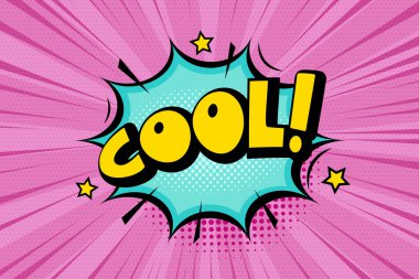 Bulutlu, yıldızlı, ışınlı ve yarım ton efektli havalı bir konuşma balonu. Pop Art vektör karikatür çizimi. Çizgi roman, poster, afiş için tasarım