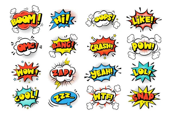 Bulut, ışın ve yarım ton efektli komik konuşma balonu mavi arka plan. Pop Art vektör karikatür çizimi. Çizgi roman, poster, afiş için tasarım