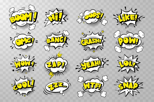 Bulut, ışın ve yarım ton efektli komik konuşma balonu mavi arka plan. Pop Art vektör karikatür çizimi. Çizgi roman, poster, afiş için tasarım