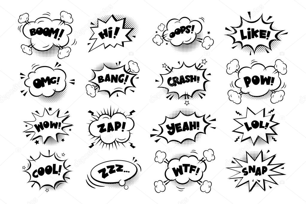 Comic speech bubbles stickers with text, cloud, stars on white  background. Pop art vector cartoon illustration in retro style. Design for comic book, poster, banner, card