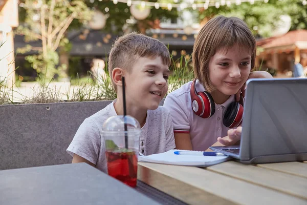 小さな白人の子供たちは屋外に座ってノートパソコンの画面を見て楽しみ — ストック写真