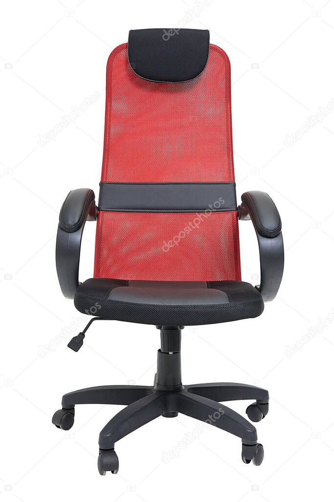 red office fabric armchair on wheels isolated on white background, front view