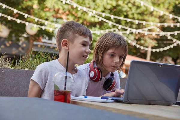 小さな白人の子供たちは屋外に座ってノートパソコンの画面を見て楽しみ — ストック写真
