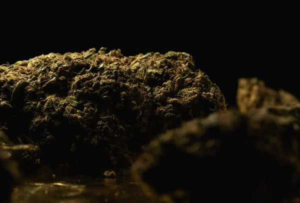 Macro Close Portrait Cannabis Marijuana Dry Buds Selective Focus Black — Stok Foto