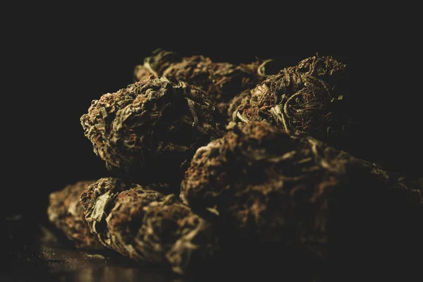 Macro Close Portrait Cannabis Marijuana Dry Buds Selective Focus Black — Fotografia de Stock