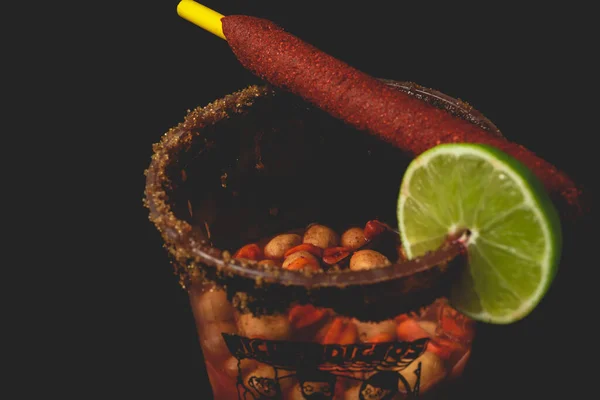 Michelada Mexican Beer Cocktail Made Beer Lime Juice Assorted Sauces — Stock Photo, Image