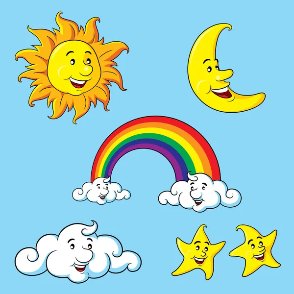 Słońce, księżyc gwiazdy chmury & kreskówka tęcza — Wektor stockowy