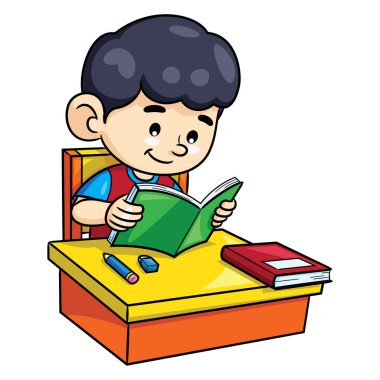 Çizgi filmci çocuğun kitap okuduğu bir resim..