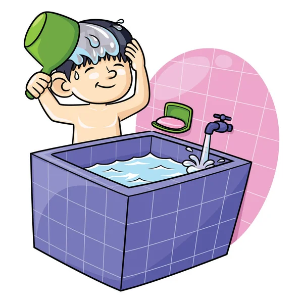 Illustration Des Niedlichen Cartoon Jungen Der Mit Einem Dipper Badet — Stockvektor
