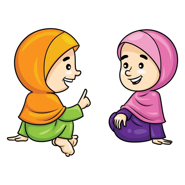 Illustration Cute Two Muslim Girls Chatting Cartoon — Stock Vector