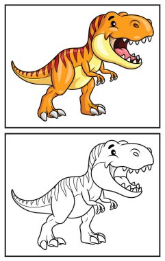 Boyama kitabı şirin tyrannosaurus rex. Renkli sayfa ve renkli Clipart karakteri. Vektör çizgi film illüstrasyonu.