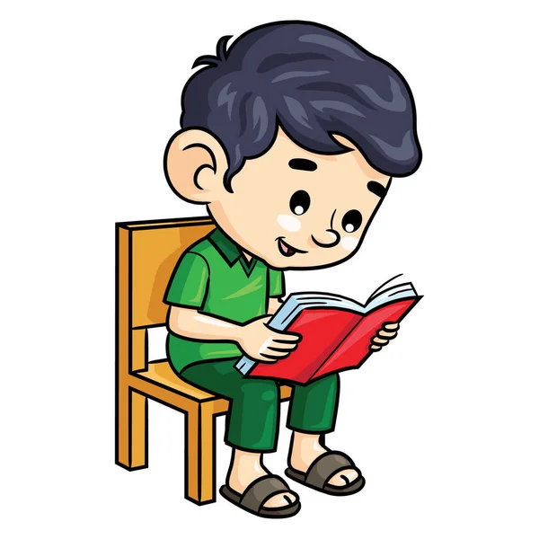 可爱的卡通男孩坐在椅子上看书的例证 — 图库矢量图片