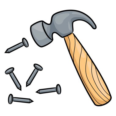 Illustration of cute cartoon of hammer and nails.