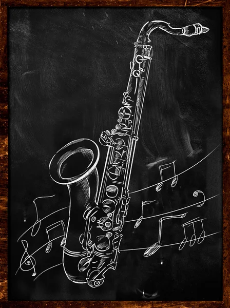 Saxophone drawing sketching on blackboard — Stock Photo, Image
