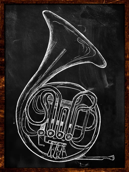 French horn drawing on blackboard — Stock Photo, Image