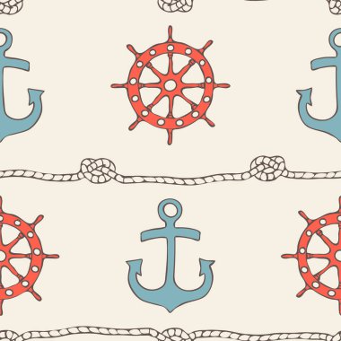 Açık sarı zemin üzerinde çapa ve gemi tekerleği olan kusursuz vektör deseni. Basit bir denizcilik duvar kağıdı tasarımı. Dekoratif deniz moda tekstili.